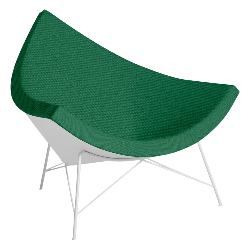 The Nelson Coconut Chair from Herman Miller with the celtic mode upholstery and white base.