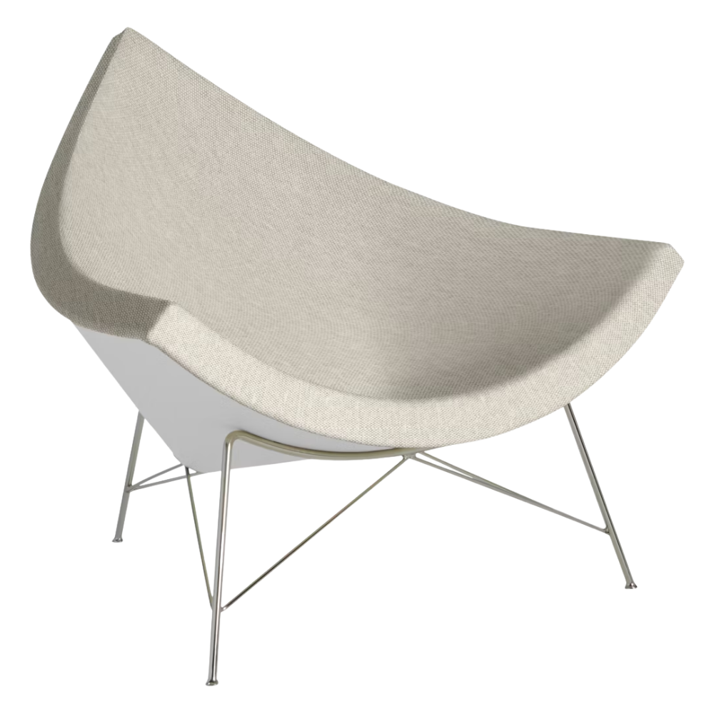The Nelson Coconut Chair from Herman Miller with the clavicle mode upholstery and chrome base.