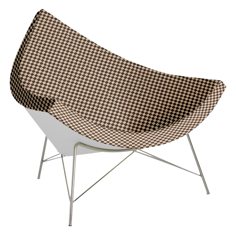 The Nelson Coconut Chair from Herman Miller with the dark siena and khaki checker upholstery and chrome base.