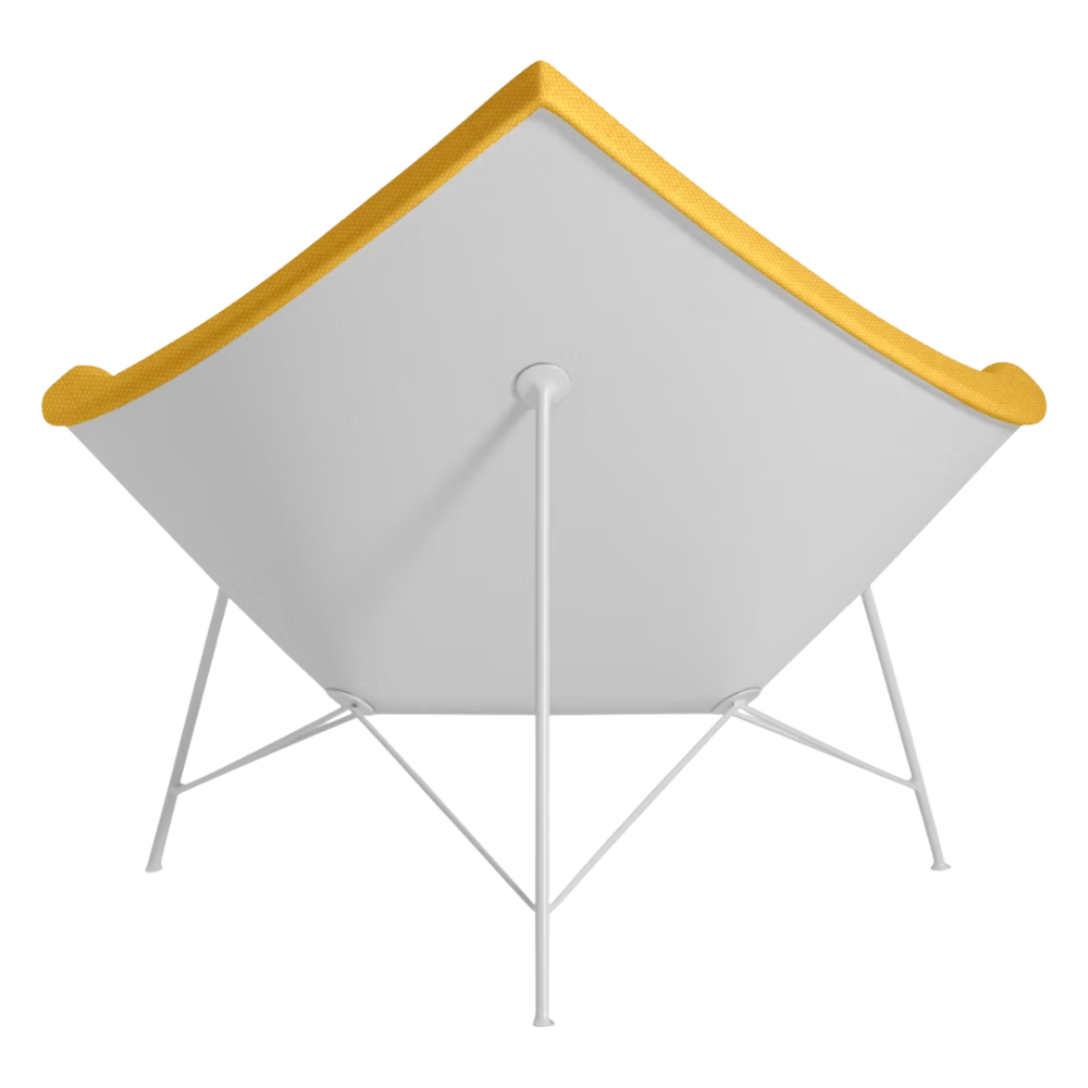The Nelson Coconut Chair from Herman Miller with the goldenrod mode upholstery and white base from the back.