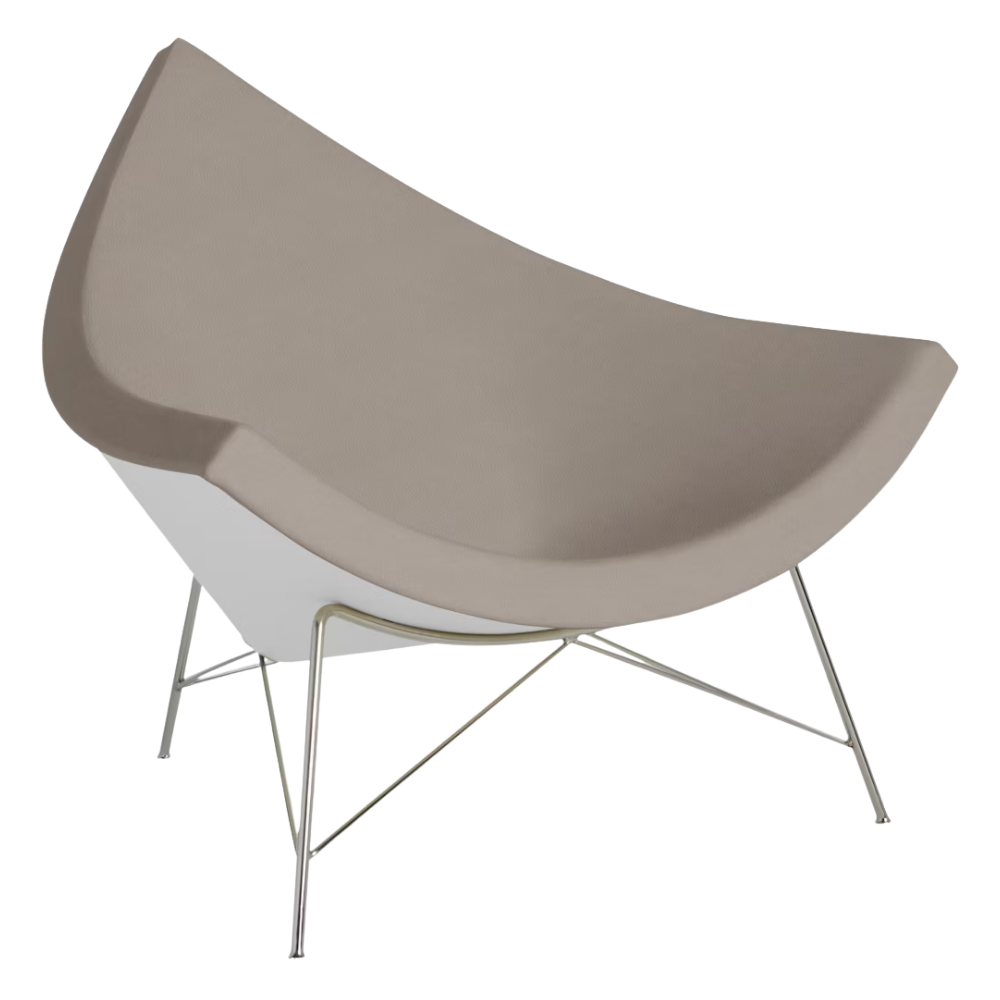 The Nelson Coconut Chair from Herman Miller with the lute prone leather upholstery and chrome base.