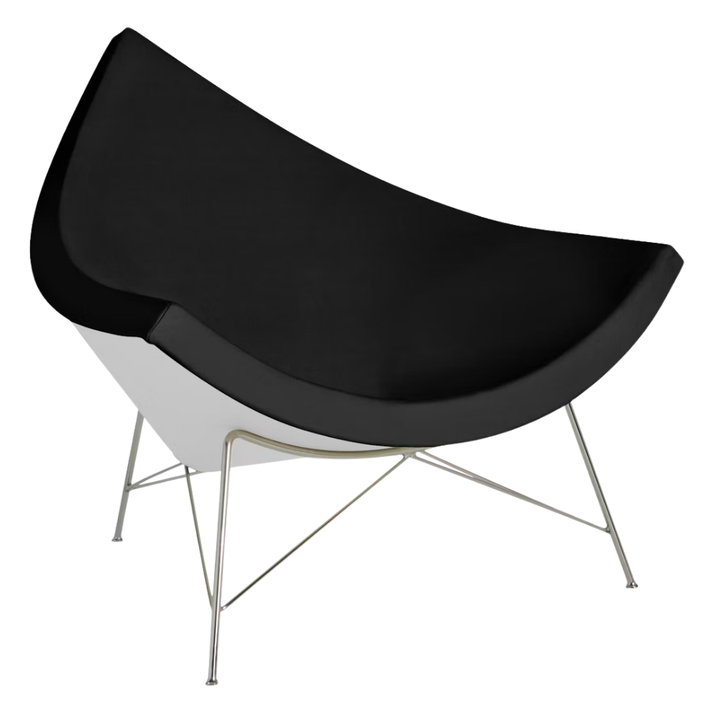 The Nelson Coconut Chair from Herman Miller with the obsidian prone leather upholstery and chrome base.