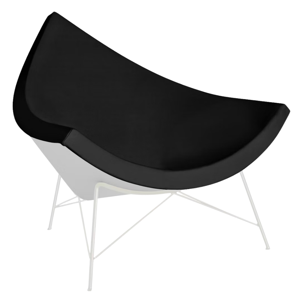 The Nelson Coconut Chair from Herman Miller with the obsidian prone leather upholstery and white base.