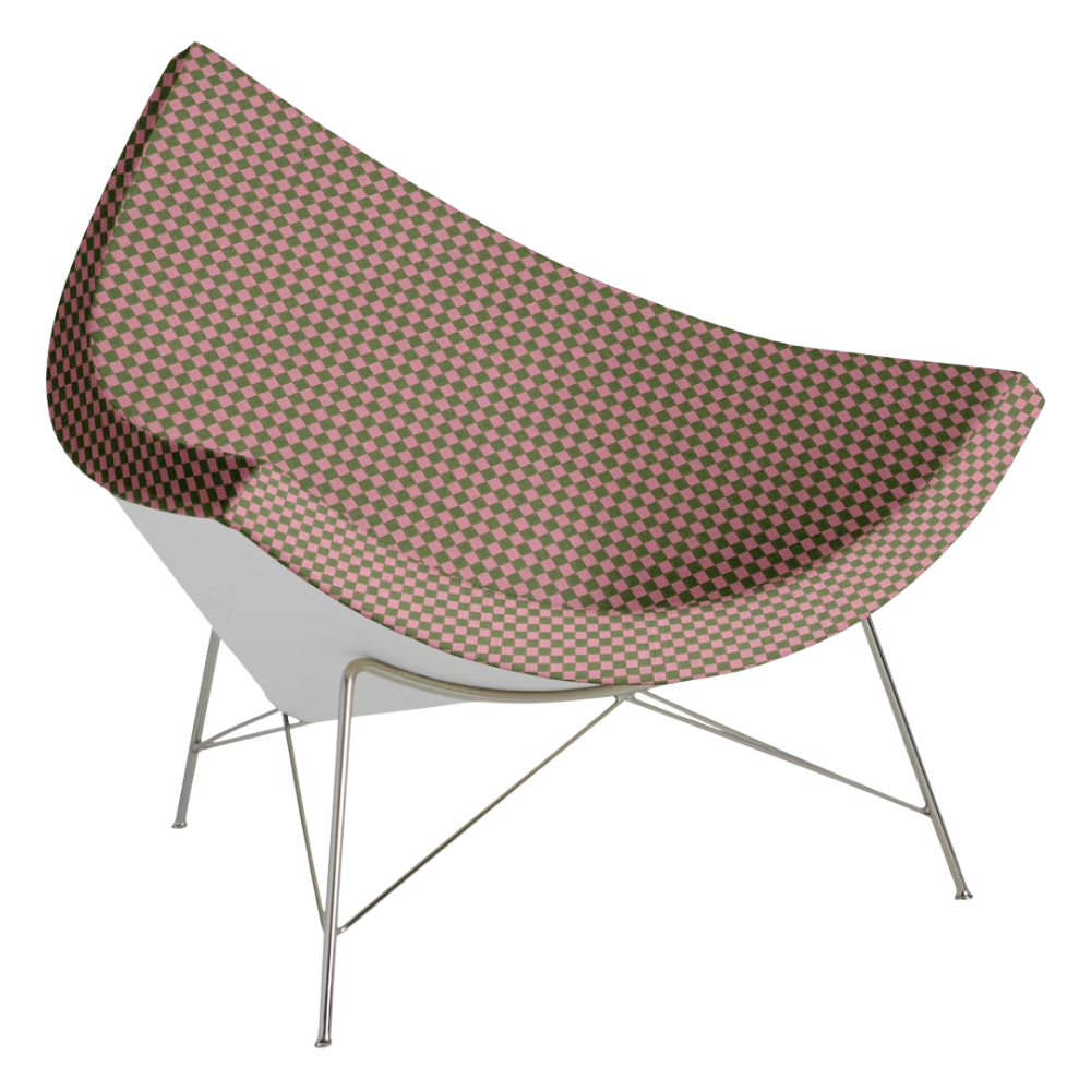 The Nelson Coconut Chair from Herman Miller with the olive and pink checker upholstery and chrome base.