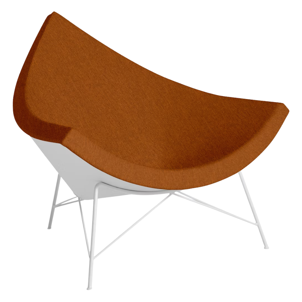 The Nelson Coconut Chair from Herman Miller with the rust mode upholstery and white base.