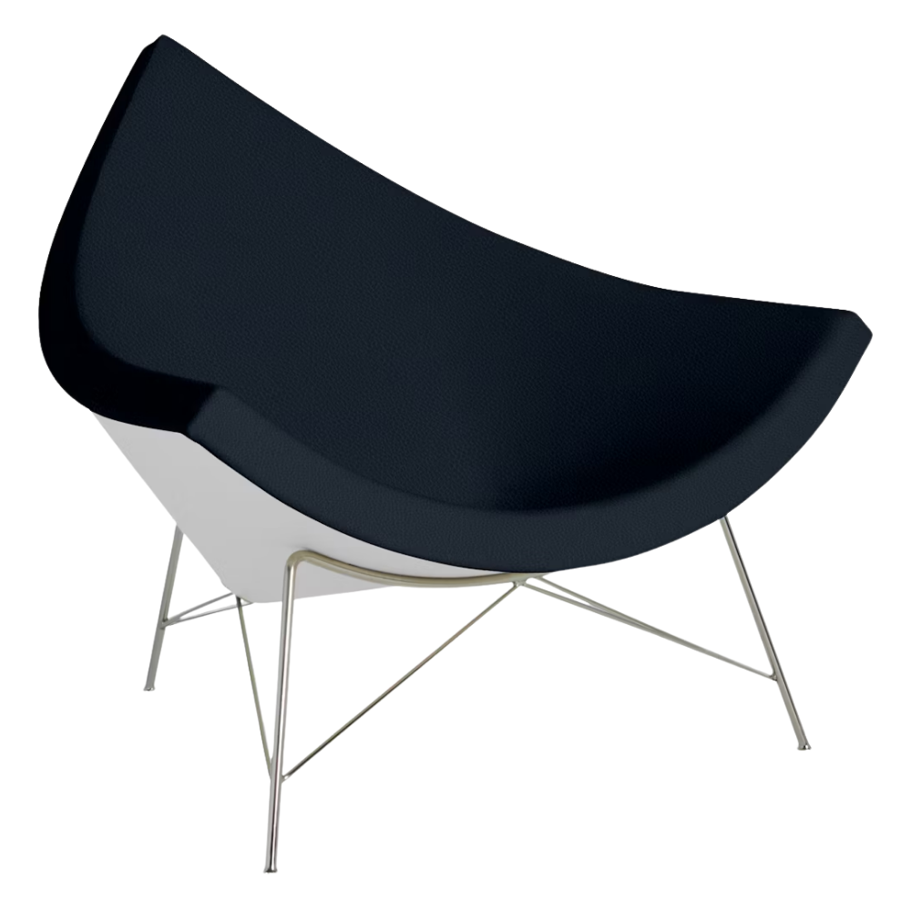 The Nelson Coconut Chair from Herman Miller with the sail prone leather upholstery and chrome base.