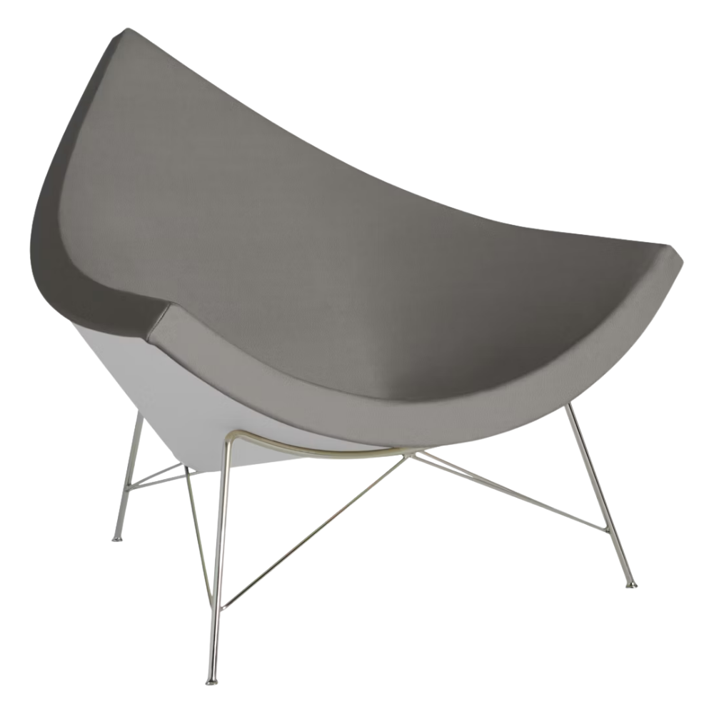 The Nelson Coconut Chair from Herman Miller with the script prone leather upholstery and chrome base.
