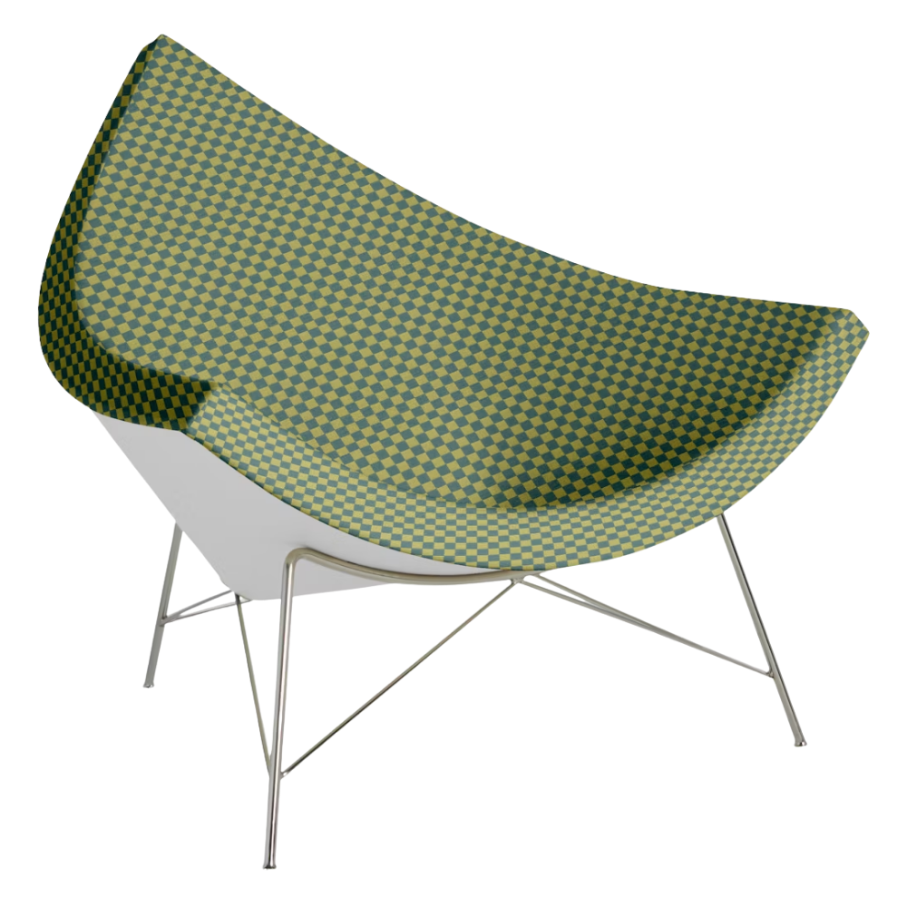 The Nelson Coconut Chair from Herman Miller with the ultramarine and dark emerald checker upholstery and chrome base.