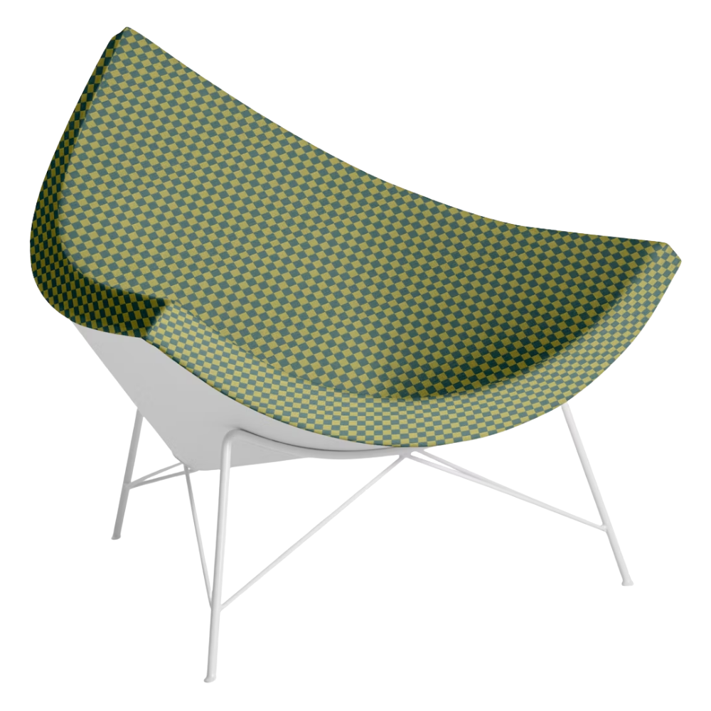 The Nelson Coconut Chair from Herman Miller with the ultramarine and dark emerald checker upholstery and white base.