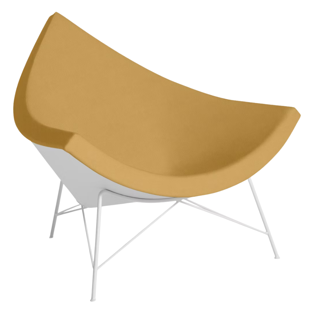 The Nelson Coconut Chair from Herman Miller with the yarrow prone leather upholstery and white base.