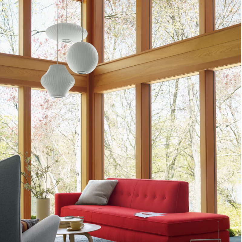The Nelson Pear Bubble Pendant from Herman Miller in a living room.