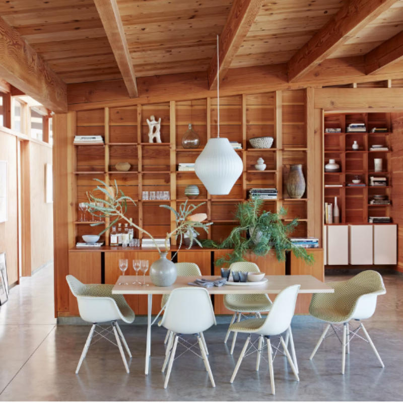 The Nelson Pear Bubble Pendant from Herman Miller in a dining room.