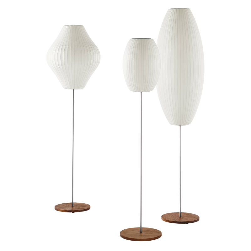 The Nelson Pear Lotus Floor Light from Herman Miller alongside two other of the Nelson Bubble Floor Lights.