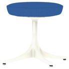 The Nelson Pedestal Stool from Herman Miller with cobalt blue hopsak upholstery and a white base.