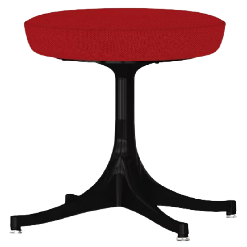 The Nelson Pedestal Stool from Herman Miller with crimson hopsak upholstery and a black base.