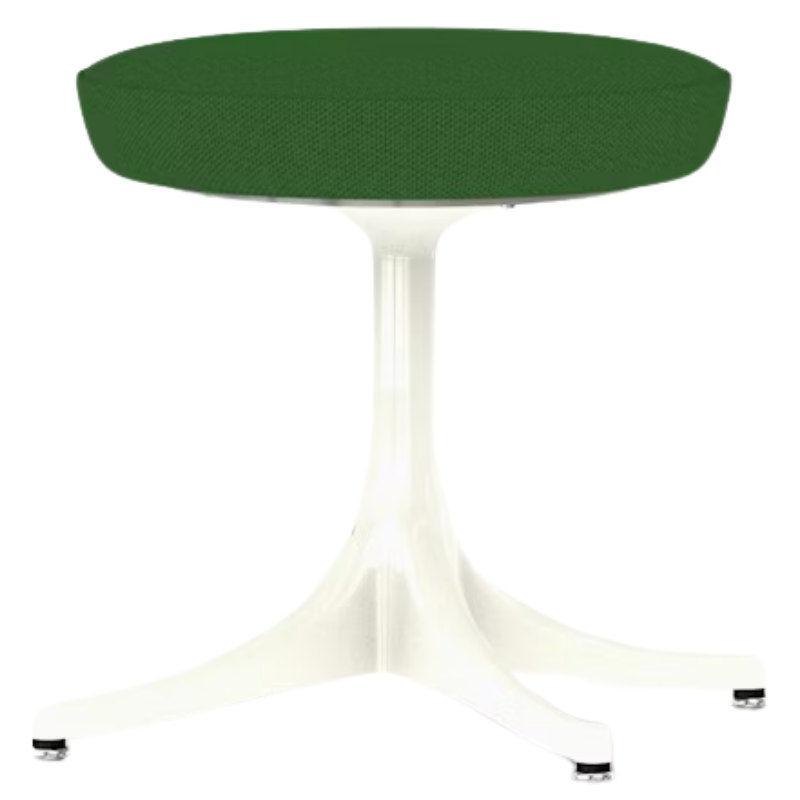 The Nelson Pedestal Stool from Herman Miller with dark emerald hopsak upholstery and a white base.