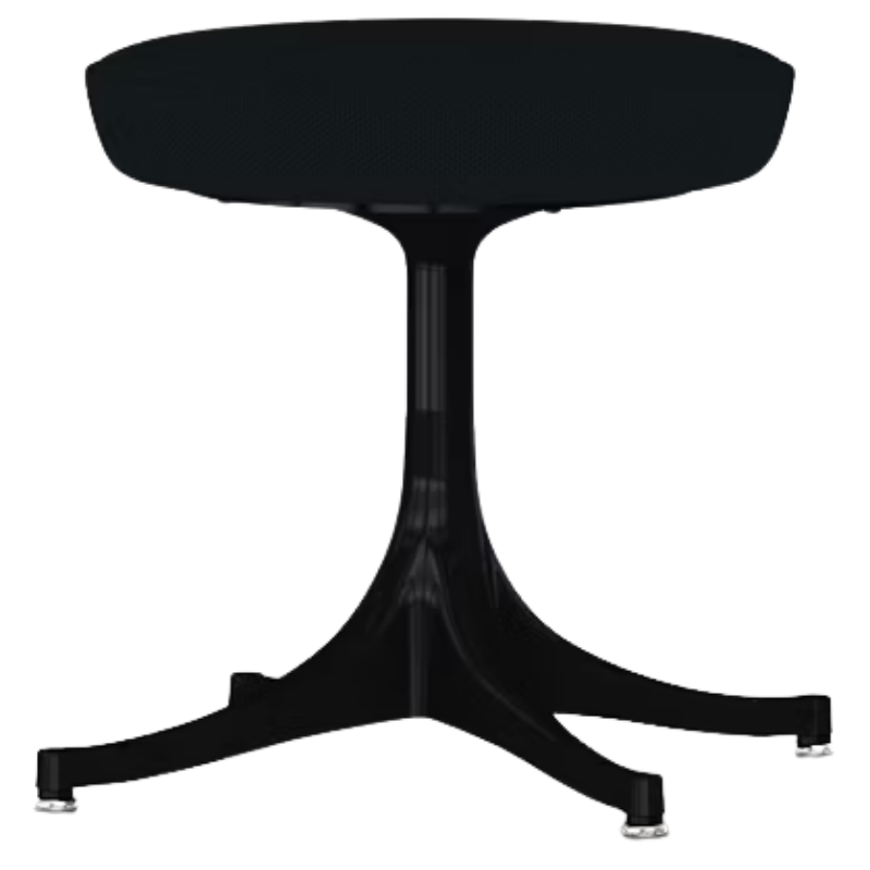 The Nelson Pedestal Stool from Herman Miller with dark grey blue hopsak upholstery and a black base.