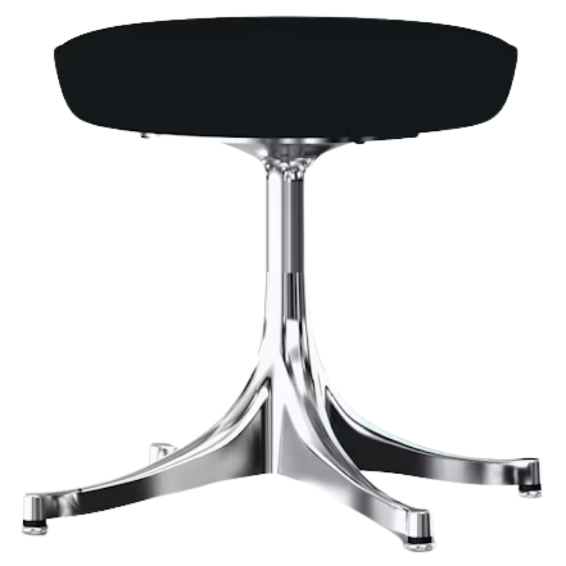 The Nelson Pedestal Stool from Herman Miller with dark grey blue hopsak upholstery and an aluminum polished base.