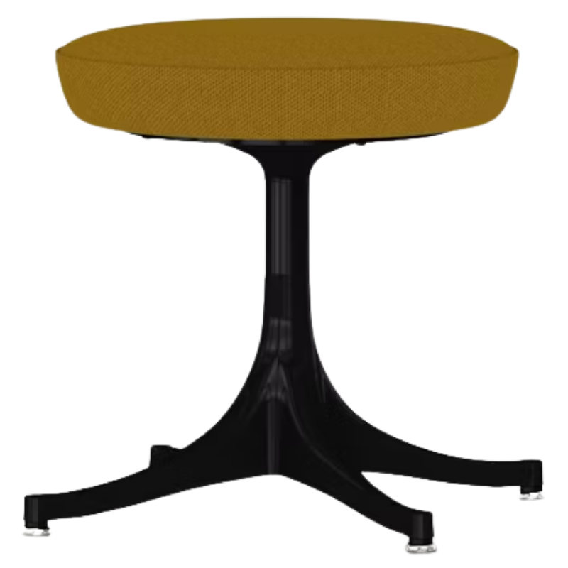 The Nelson Pedestal Stool from Herman Miller with dark ochre hopsak upholstery and a black base.