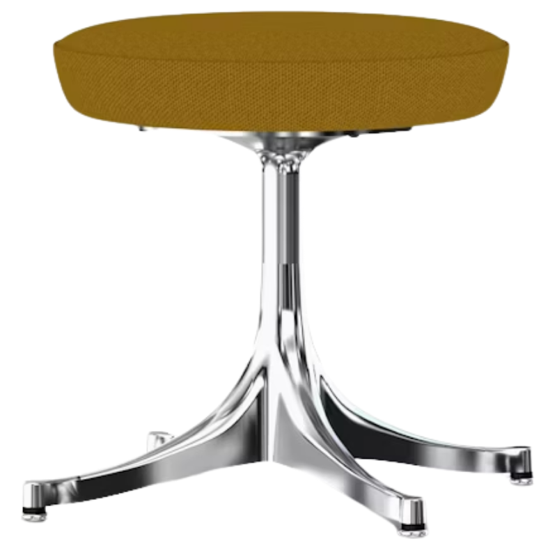 The Nelson Pedestal Stool from Herman Miller with dark ochre hopsak upholstery and an aluminum polished base.
