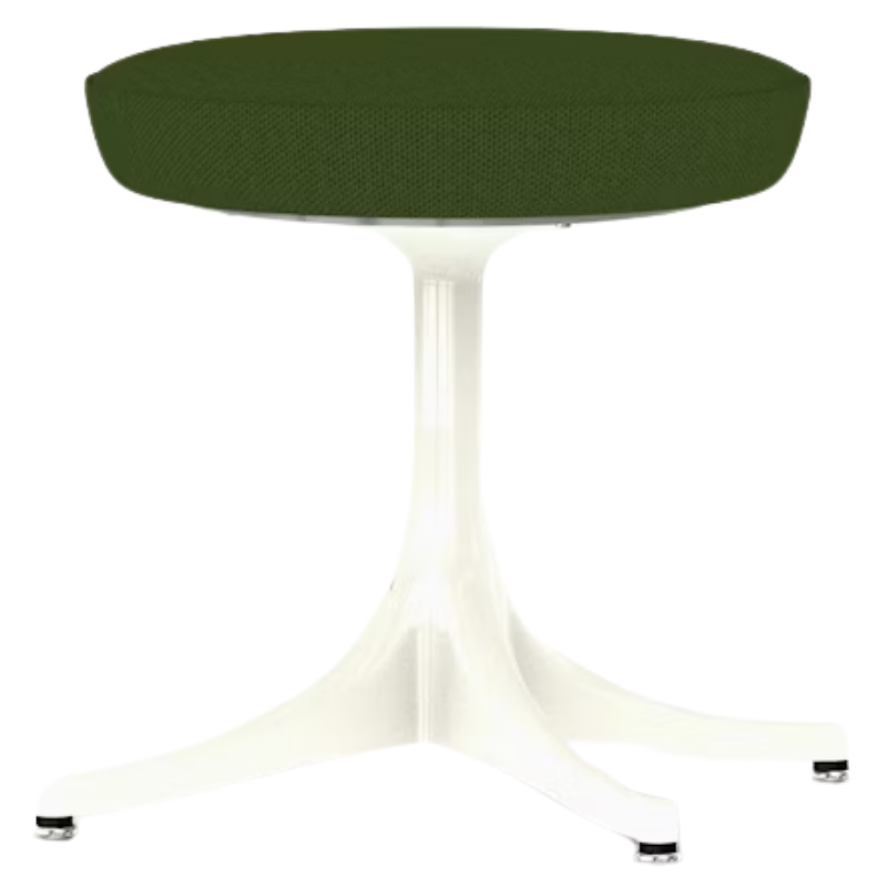 The Nelson Pedestal Stool from Herman Miller with dark olive green hopsak upholstery and a white base.