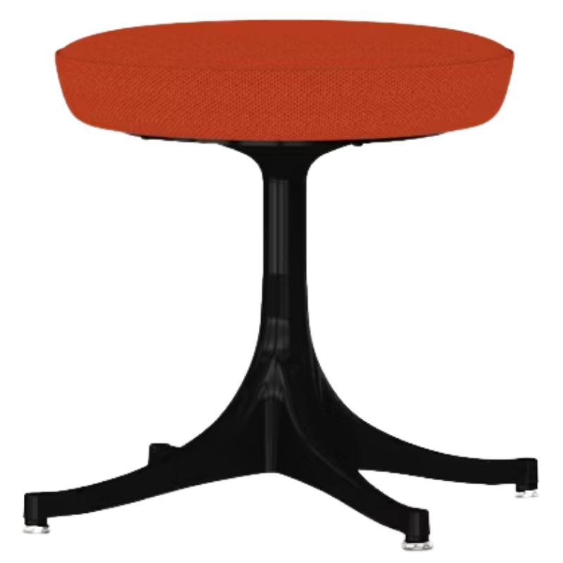 The Nelson Pedestal Stool from Herman Miller with orange hopsak upholstery and a black base.