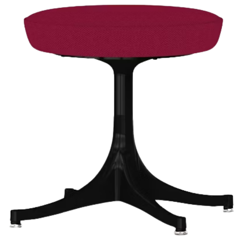The Nelson Pedestal Stool from Herman Miller with dark pink hopsak upholstery and a black base.