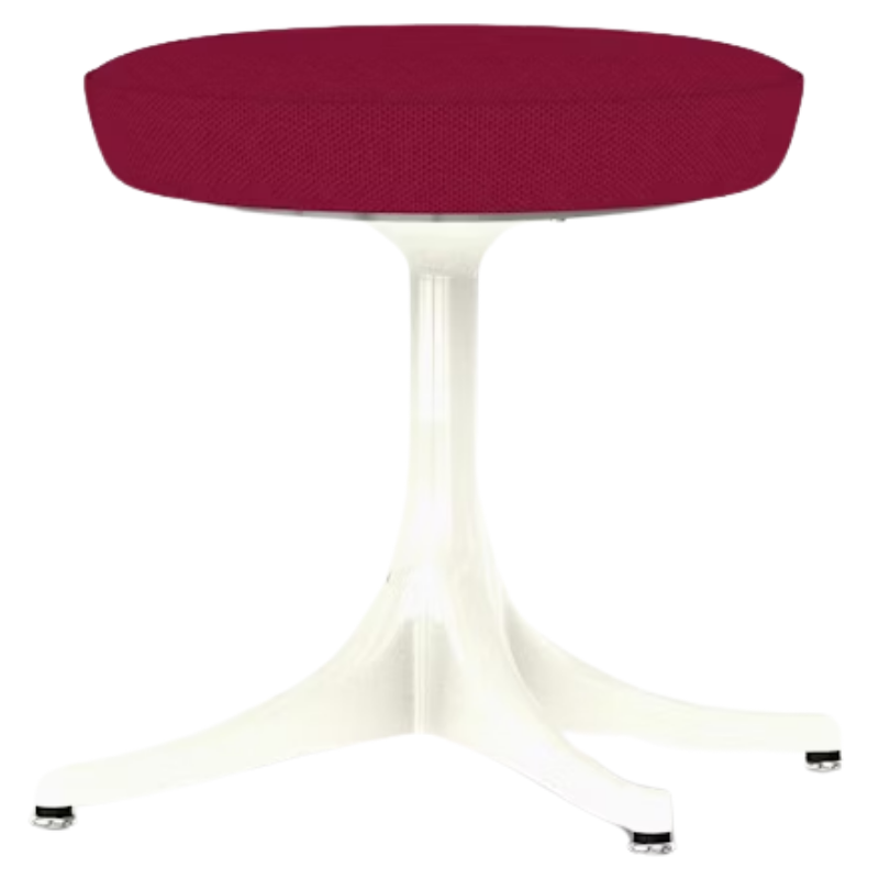 The Nelson Pedestal Stool from Herman Miller with dark pink hopsak upholstery and a white base.