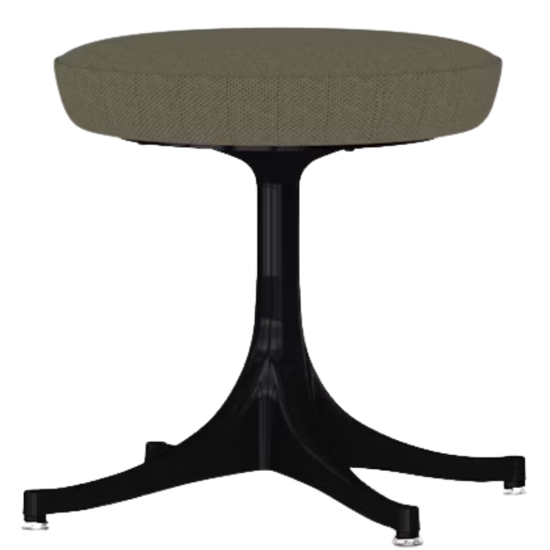 The Nelson Pedestal Stool from Herman Miller with dark raw umber black hopsak upholstery and a black base.