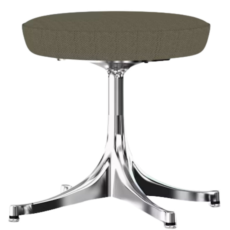 The Nelson Pedestal Stool from Herman Miller with dark raw umber hopsak upholstery and an aluminum polished base.
