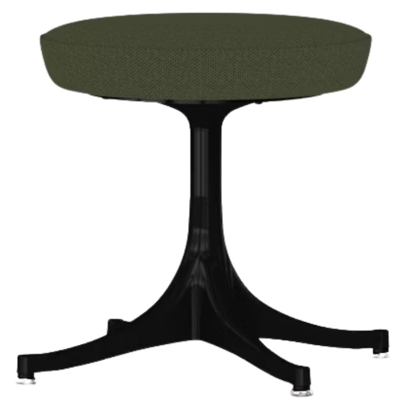 The Nelson Pedestal Stool from Herman Miller with dark sepia hopsak upholstery and a black base.
