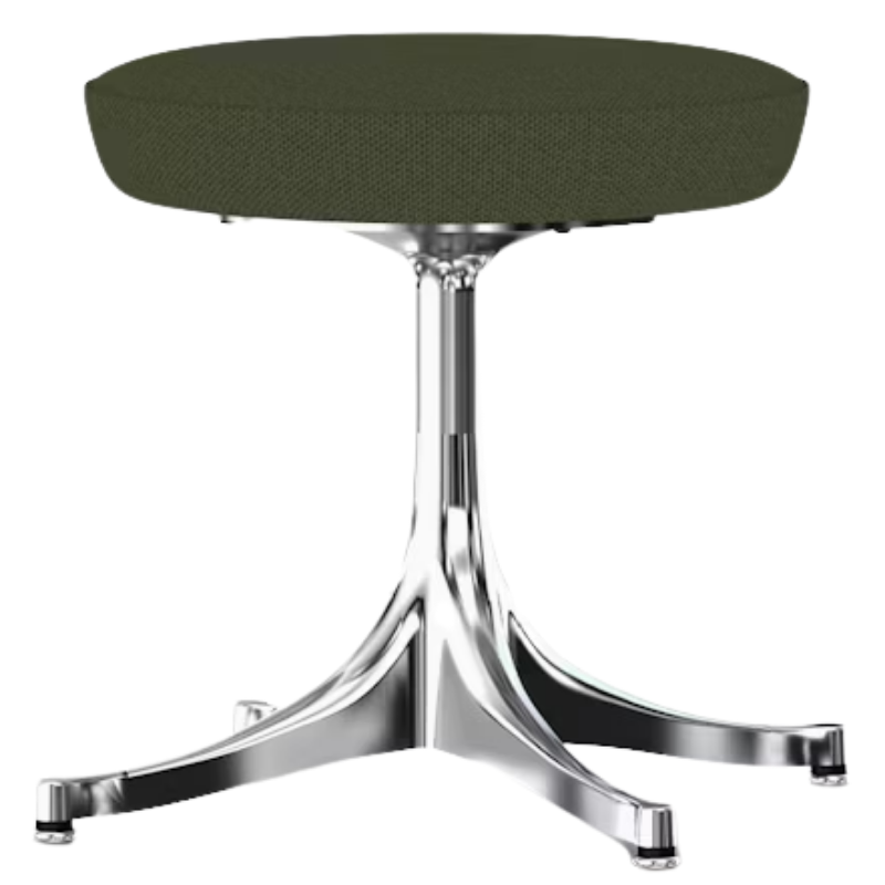 The Nelson Pedestal Stool from Herman Miller with dark sepia hopsak upholstery and an aluminum polished base.