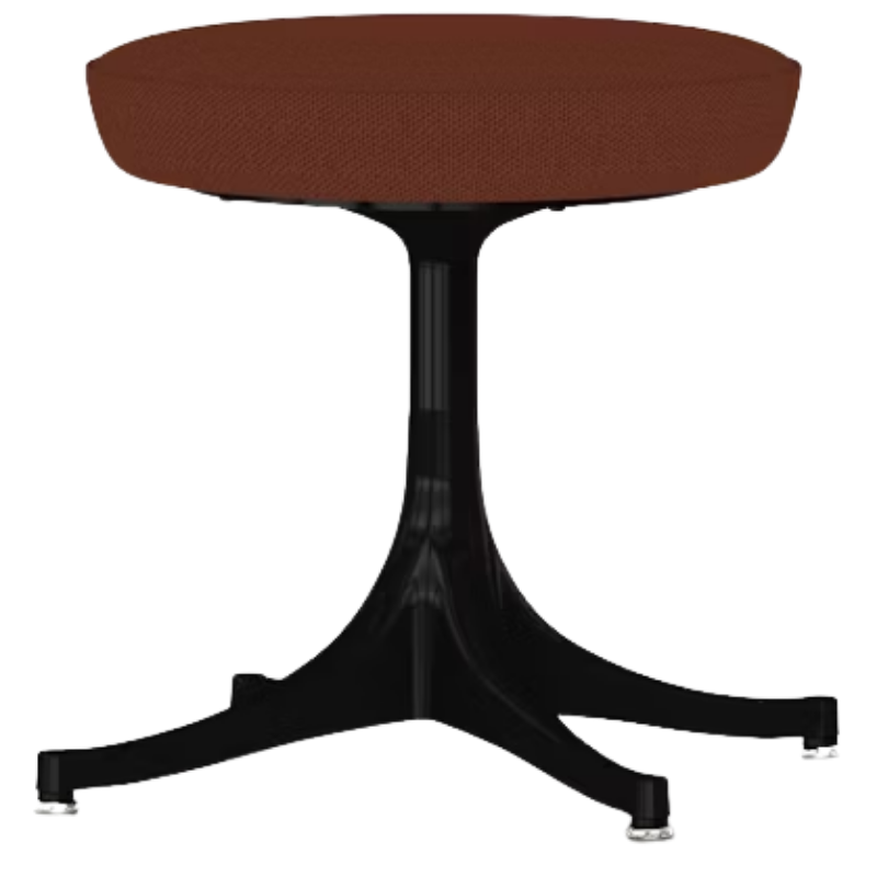 The Nelson Pedestal Stool from Herman Miller with terra cotta hopsak upholstery and a black base.