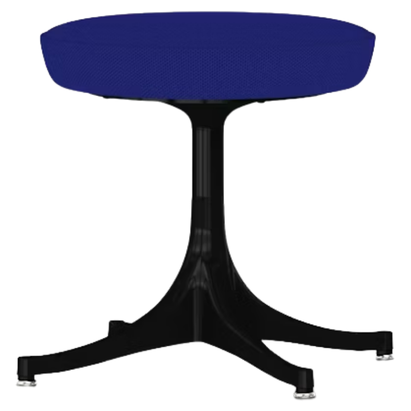 The Nelson Pedestal Stool from Herman Miller with dark ultramarine hopsak upholstery and a black base.