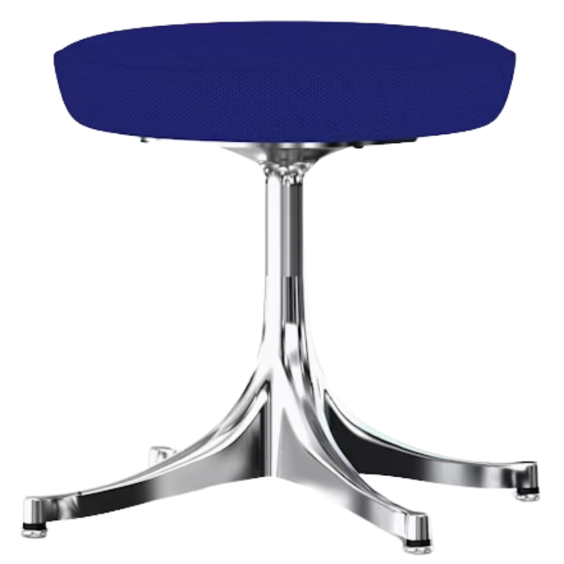 The Nelson Pedestal Stool from Herman Miller with dark ultramarine hopsak upholstery and an aluminum polished base.