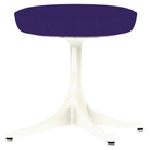 The Nelson Pedestal Stool from Herman Miller with dark violet hopsak upholstery and a white base.