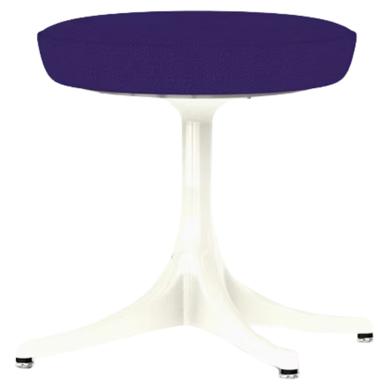 The Nelson Pedestal Stool from Herman Miller with dark violet hopsak upholstery and a white base.