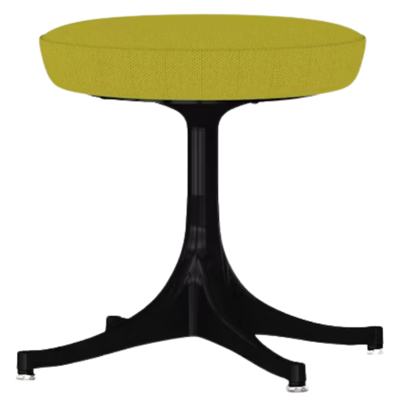 The Nelson Pedestal Stool from Herman Miller with dark yellow hopsak upholstery and a black base.