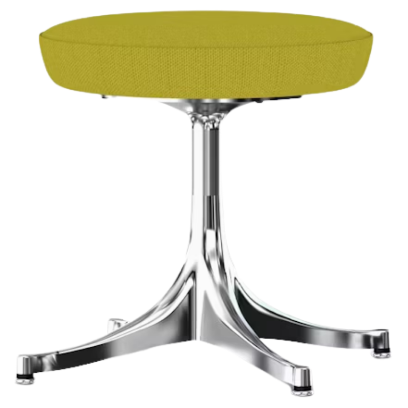 The Nelson Pedestal Stool from Herman Miller with dark yellow hopsak upholstery and an aluminum polished base.