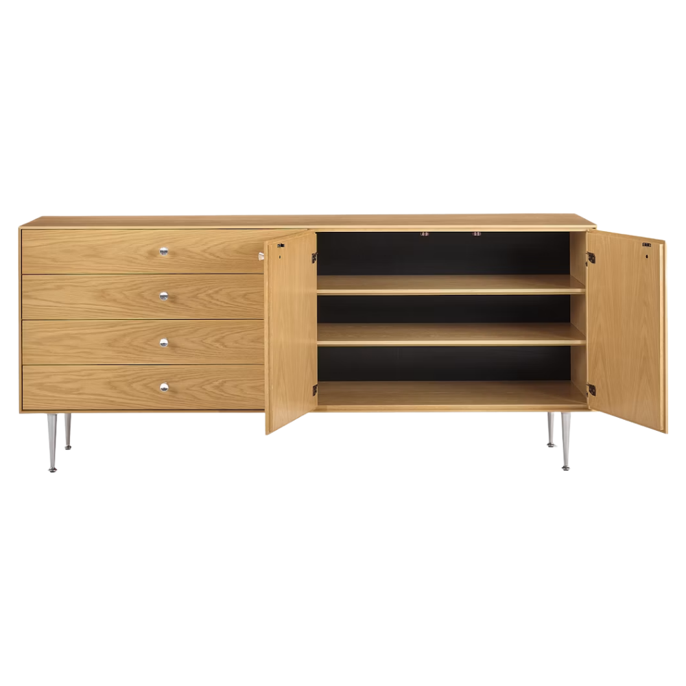 The Nelson Thin Edge Buffet from Herman Miller in white oak wit the cabinet doors open.