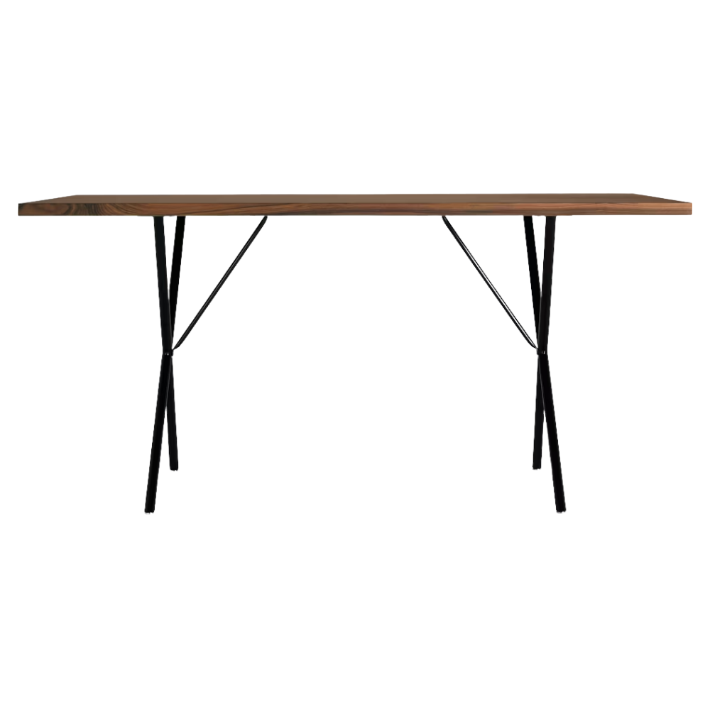 The 36 by 72 inch walnut and black Nelson X-Leg Table from Herman Miller.