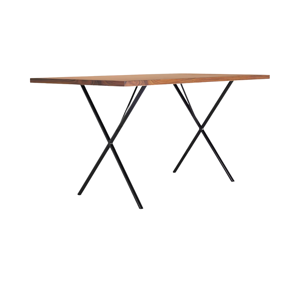The walnut and black Nelson X-Leg Table from Herman Miller at an angle.