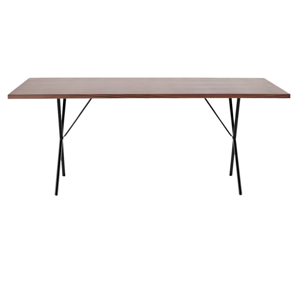 The walnut and black Nelson X-Leg Table from Herman Miller showing the long side.