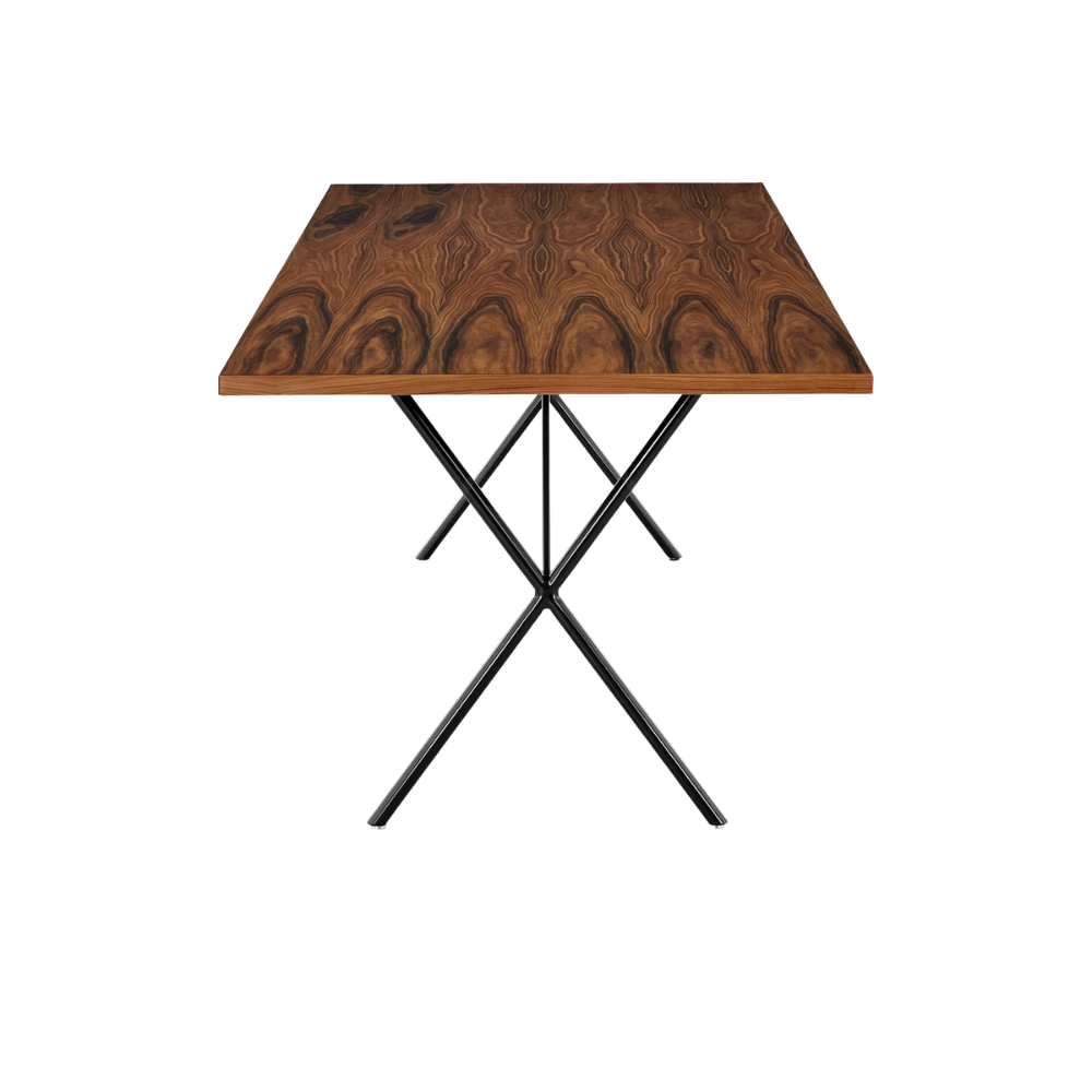 The walnut and black Nelson X-Leg Table from Herman Miller from the side.