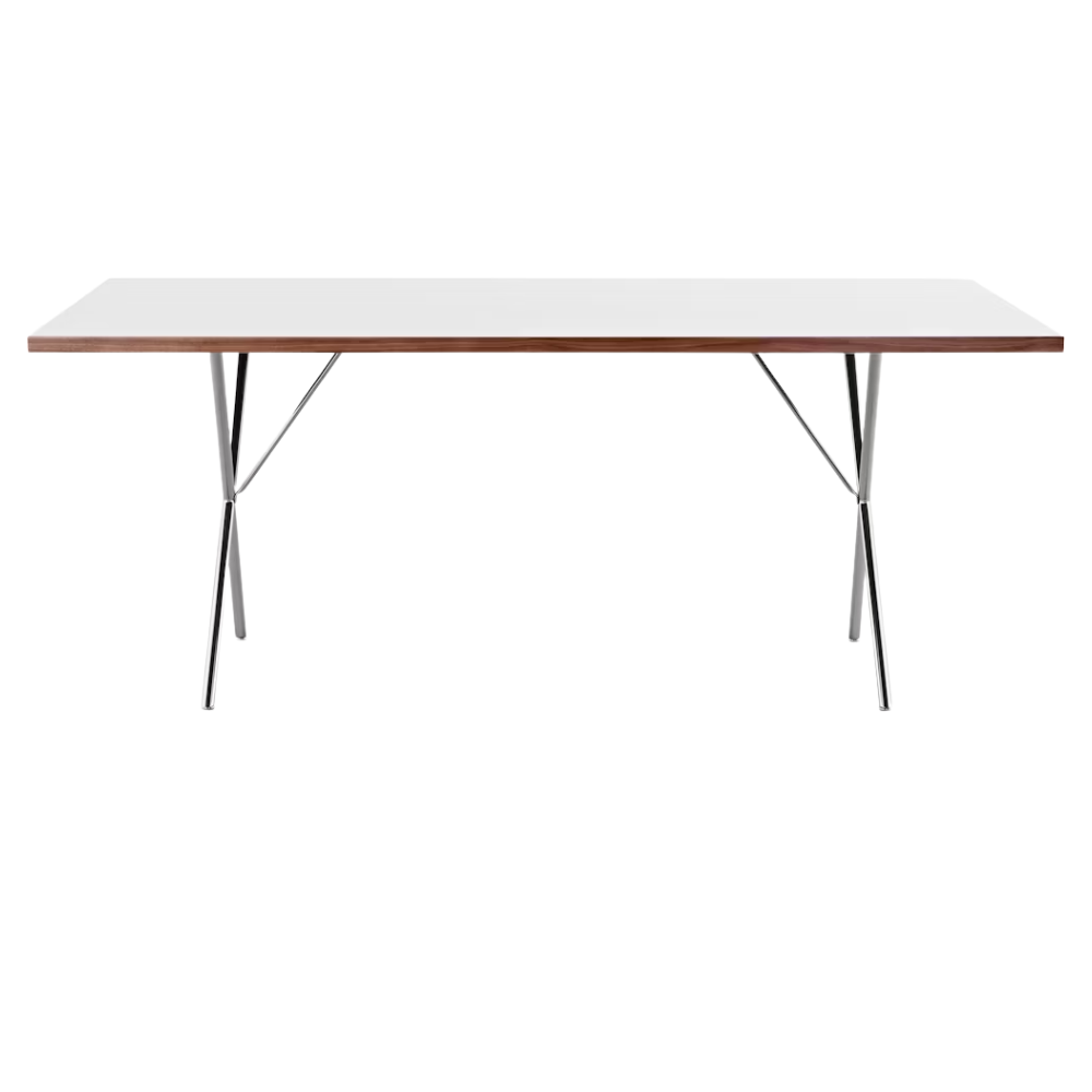 The 36 by 72 inch white Nelson X-Leg Table from Herman Miller from the side.