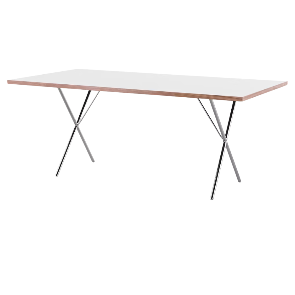 The 36 by 72 inch white Nelson X-Leg Table from Herman Miller.