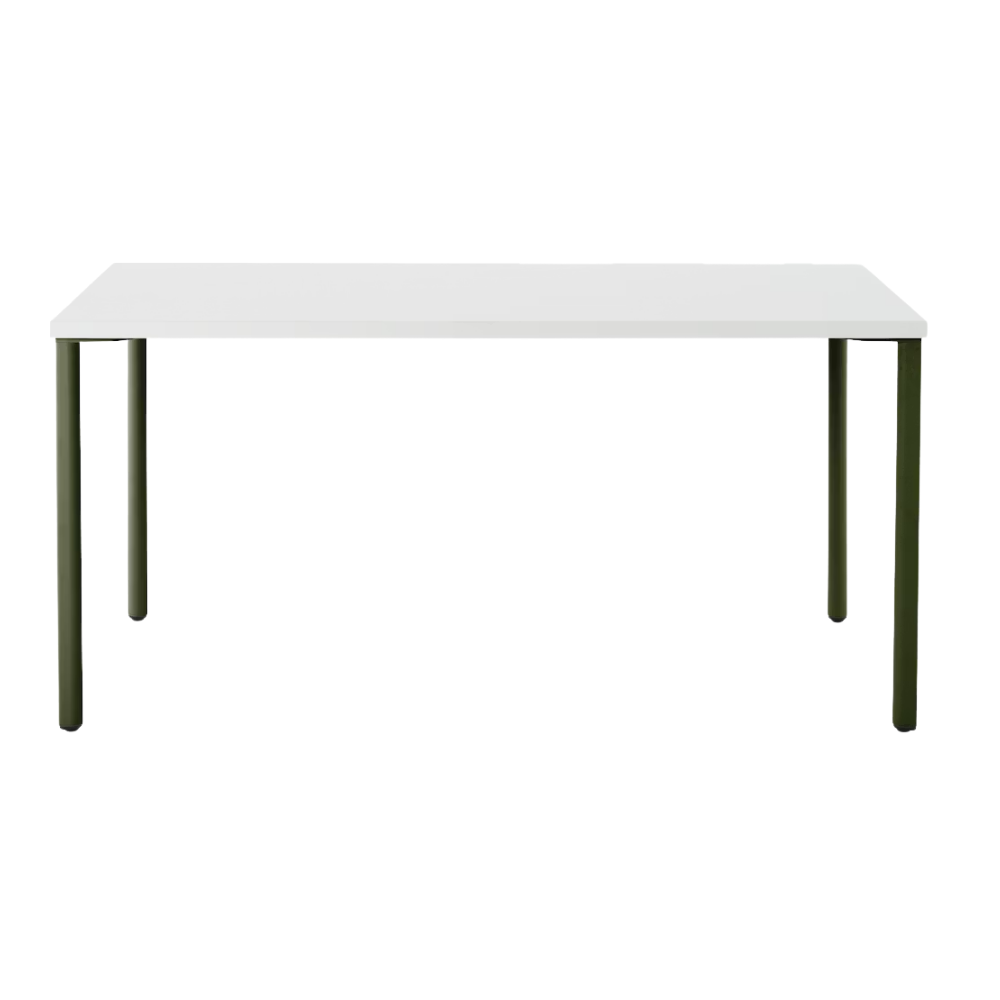The 30 x 60 OE1 Table from Herman Miller with the olive frame and studio white laminate table top.