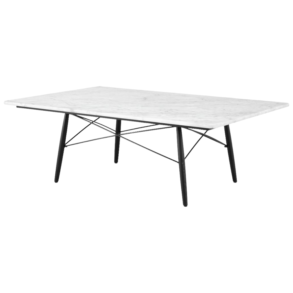 The carrara and ebony Rectangular Eames Coffee Table from Herman Miller at an angle.