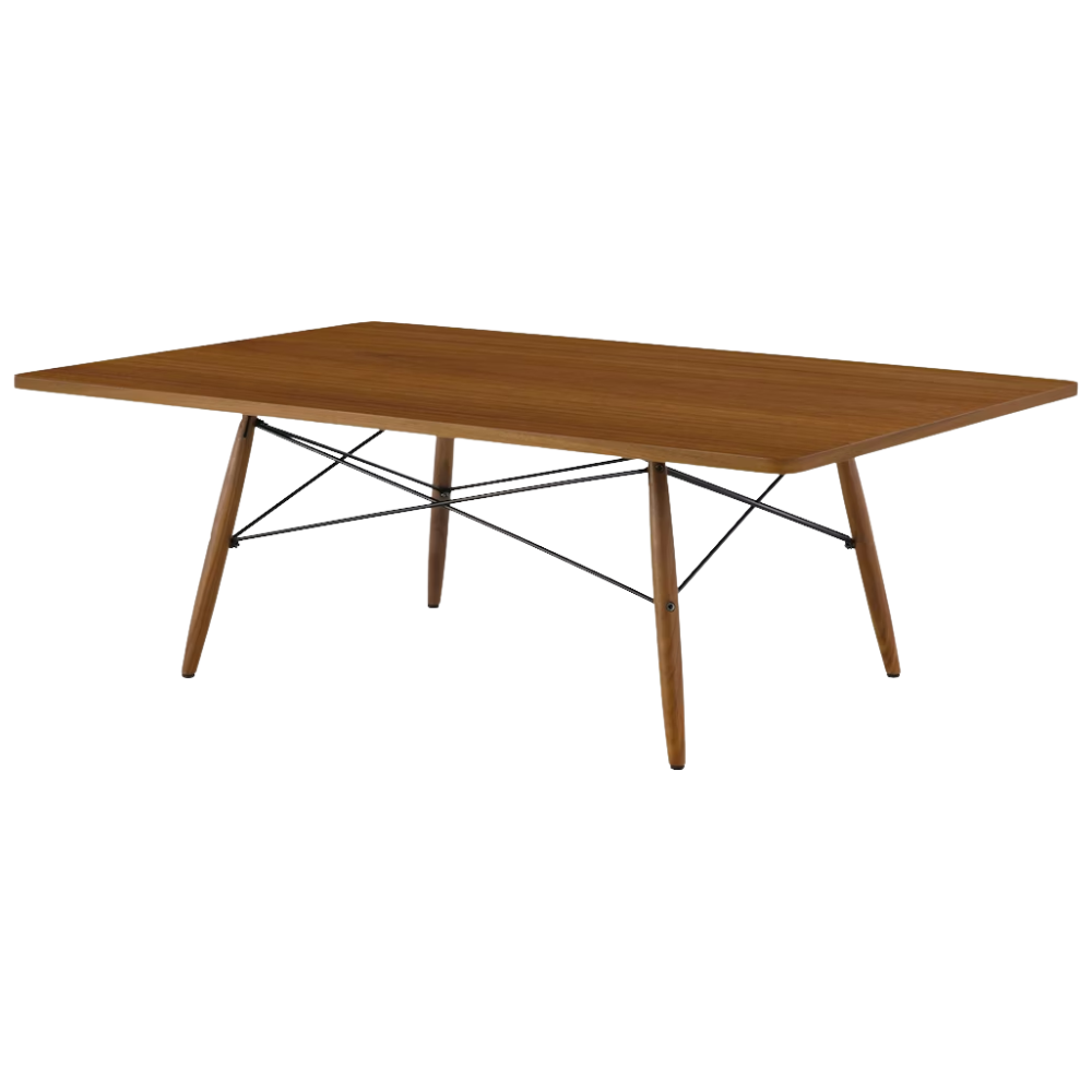 The walnut Rectangular Eames Coffee Table from Herman Miller at an angle.
