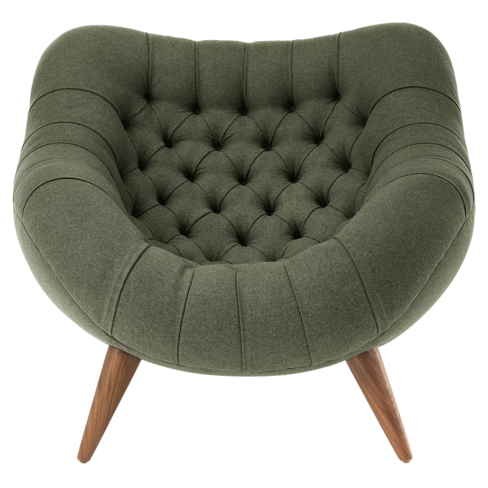 The Rohde Easy Chair from Herman Miller with the agrarian luce upholstery and walnut leg finish from the front.